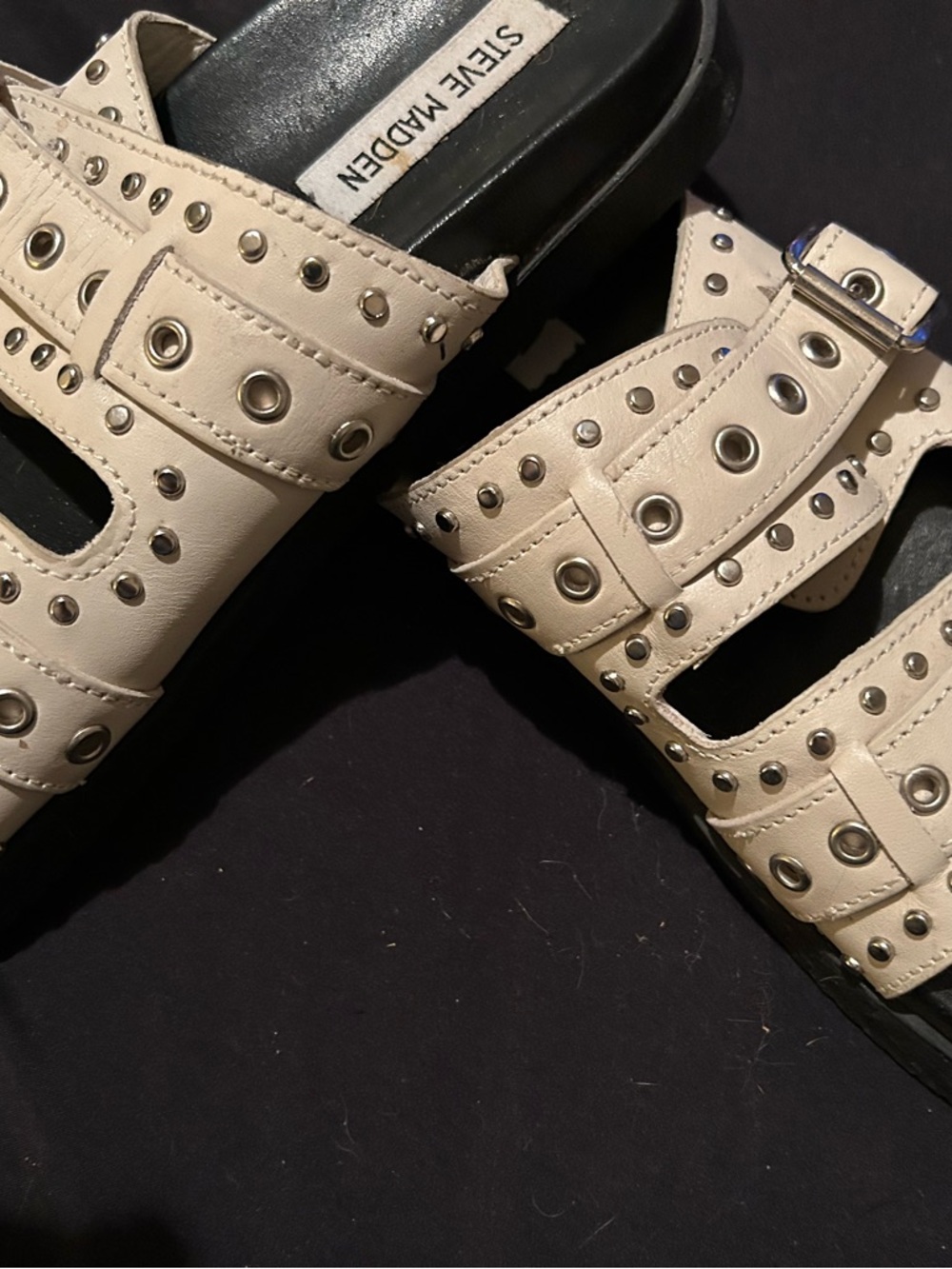 Steve Madden Beige Studded Double Buckle Slide Sandals - Picture 3 of 6